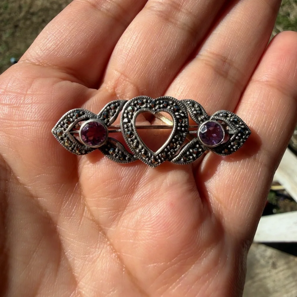 Vintage 925 Sterling Silver Marcasite Pin With Purple Stones